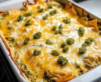 Delicious salsa verde chicken casserole garnished with fresh herbs