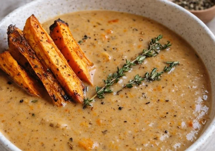 Bowl of Italian roasted sweet potato soup garnished with herbs