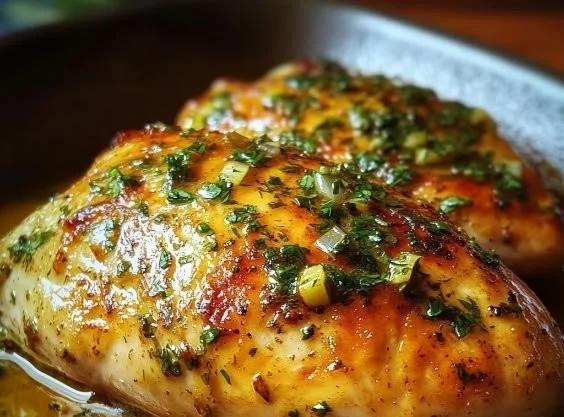 Juicy baked chicken breast cooked to perfection, served with herbs.