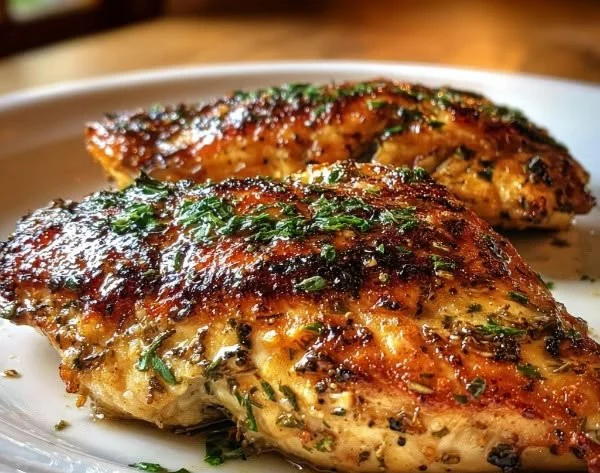 Juicy baked chicken breast served on a plate with herbs and spices