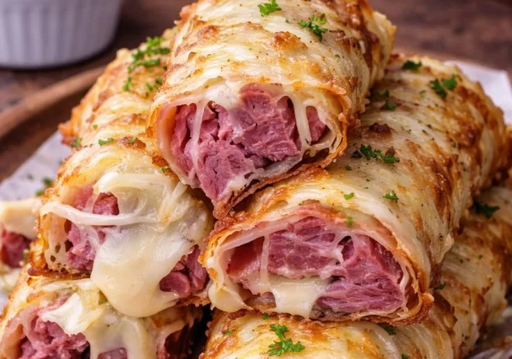 Keto crispy Reuben Roll-Ups on a plate with dipping sauce