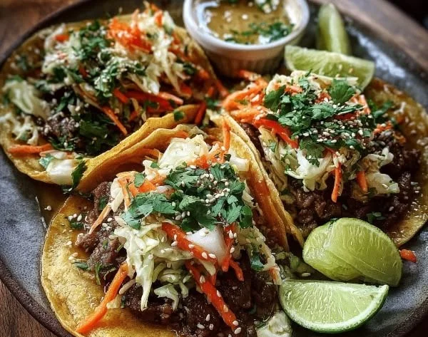 Korean beef tacos served with tangy gochujang slaw on a platter