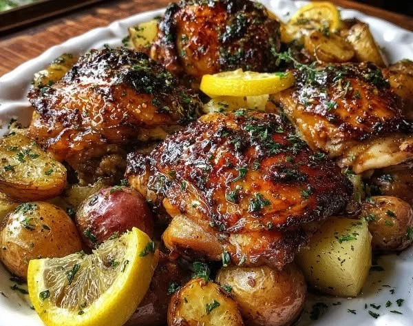 Lemon Balsamic Chicken with Potatoes on a sheet pan dinner