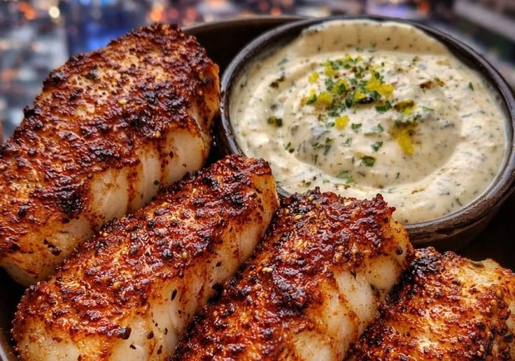 Delicious Lemon Butter Fish Bites served on a plate with a lemon wedge.