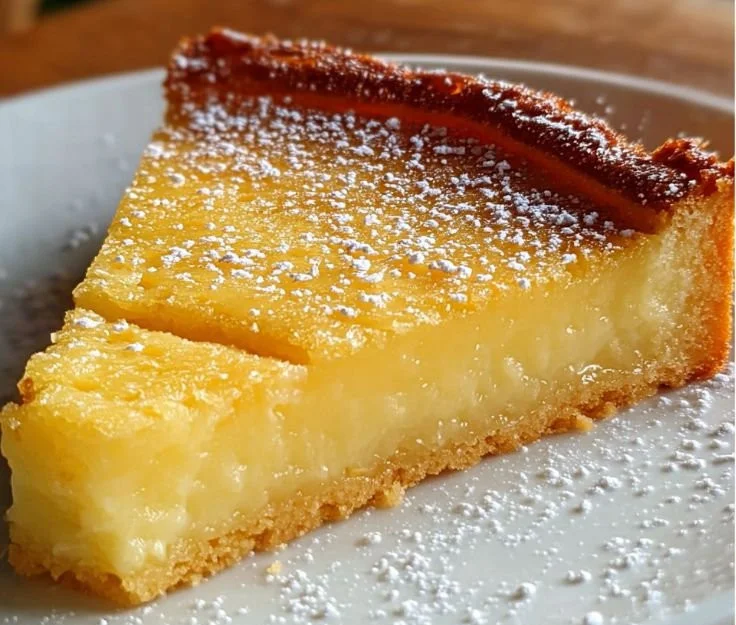 Delicious slice of lemon custard cake with lemon zest and cream topping