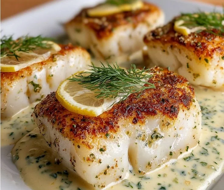 Lemon-Dill Baked Cod served on a plate, garnished with fresh dill and lemon slices.