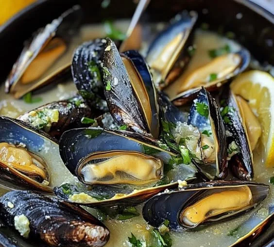 Delicious lemon garlic butter mussels served on a plate