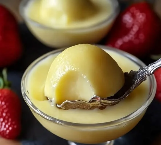 Delicious lemon posset dessert served in a glass with lemon slices.