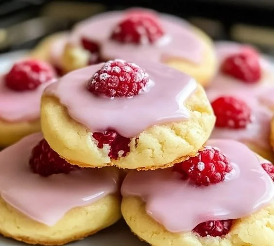 Freshly baked Lemon Raspberry Cookies on a plate, garnished with raspberries.