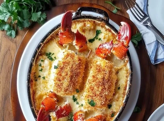Delicious Lobster Thermidor served in a shell with creamy sauce