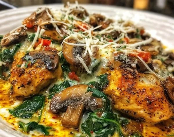 Low-carb chicken spinach mushroom bake dish ready to serve