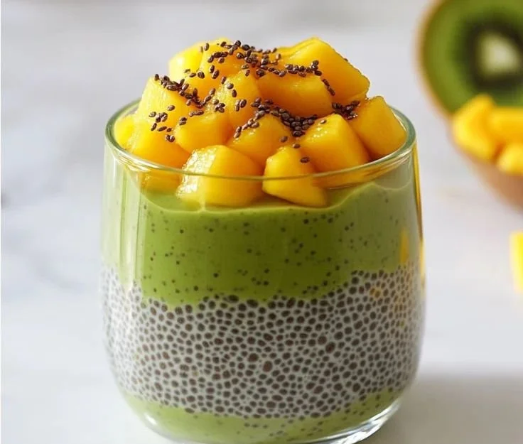 Delicious Mango Matcha Chia Pudding in a bowl, topped with fresh mango slices.