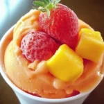 Delicious Mango Strawberry Sorbet in a bowl, garnished with fresh fruit.