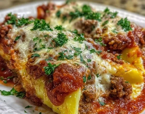 Delicious manicotti stuffed with savory meat sauce, perfect for a hearty Italian meal.