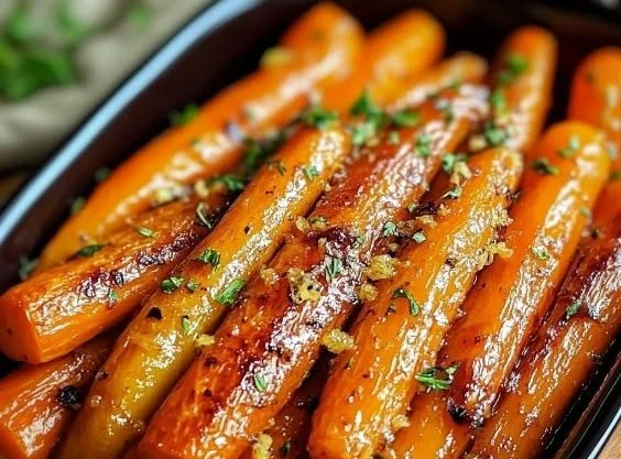 Maple Dijon Roasted Carrots garnished and ready to be served.