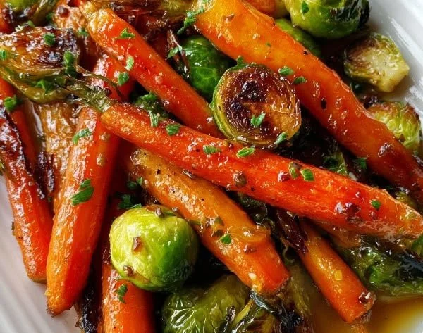 Plate of maple-glazed carrots and Brussels sprouts, a delicious side dish.