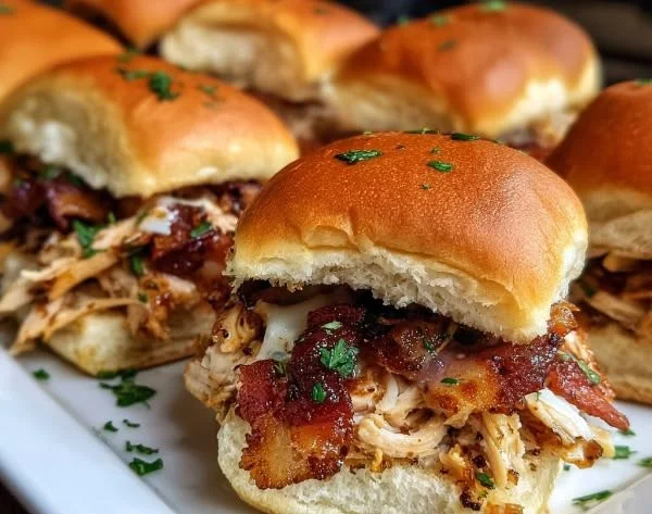 Maple-glazed chicken bacon sliders served with fresh toppings.