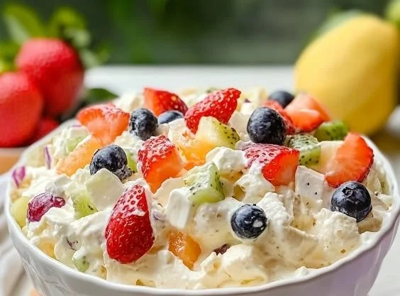 Delicious fruit fluff salad with marshmallows and colorful fruits in a bowl