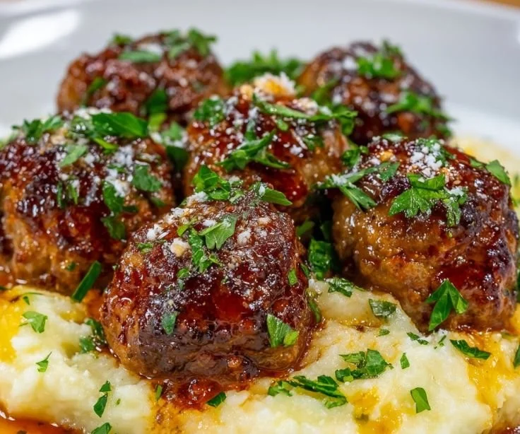 Plate of meatloaf meatballs served with garlic mashed potatoes