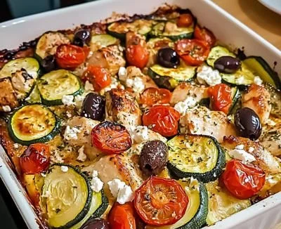 Mediterranean Chicken Zucchini Bake with fresh vegetables and herbs