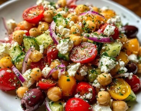 Mediterranean Chickpea Feta Salad with vibrant veggies and feta cheese