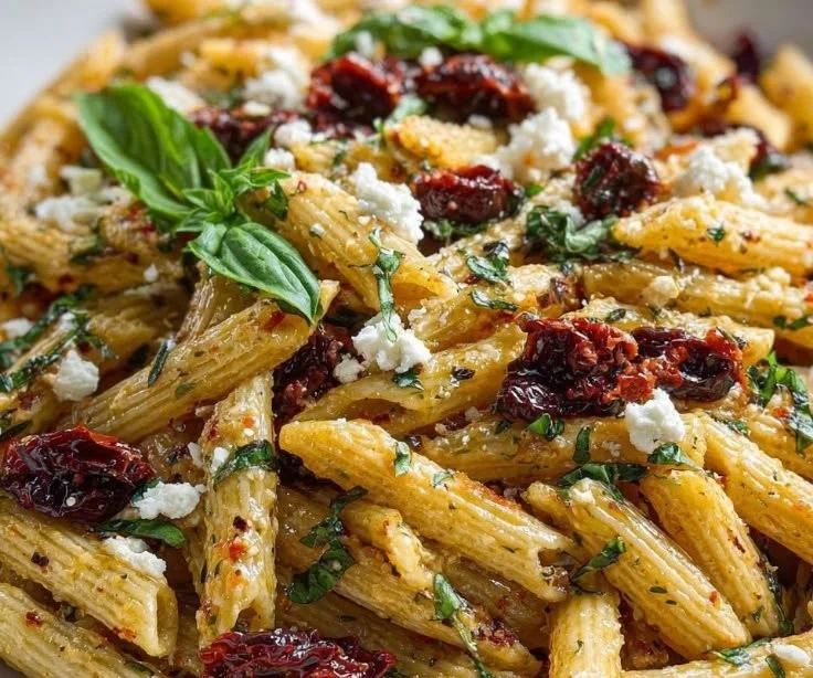 Bowl of Mediterranean pasta garnished with fresh vegetables and herbs