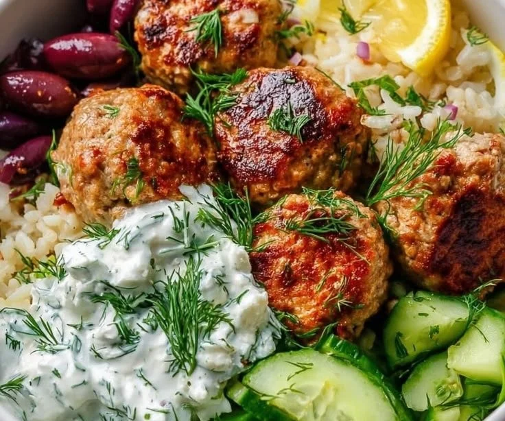 Mediterranean Turkey Meatballs Bowl garnished with herbs and vegetables