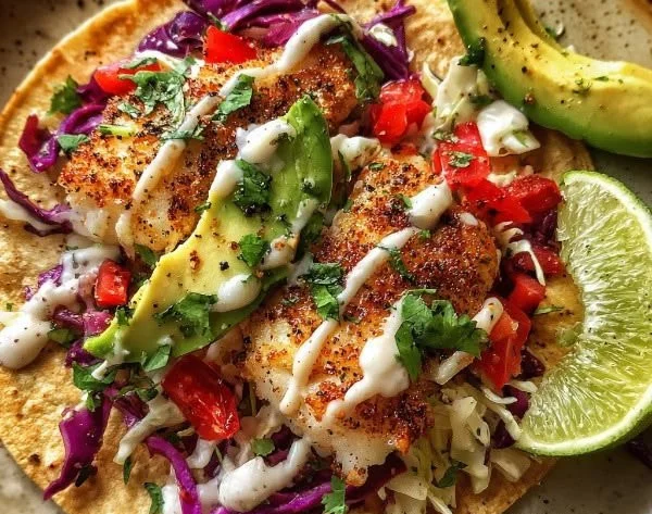 Delicious Mexican fish tacos with tangy lime crema on a plate.