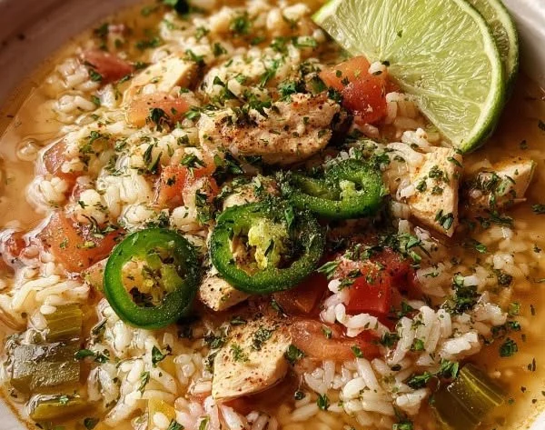 Bowl of Mexican lime chicken rice soup garnished with cilantro and lime.