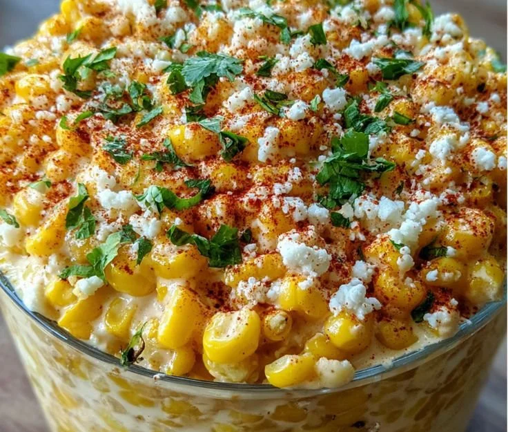 Delicious Mexican street corn topped with cheese and spices