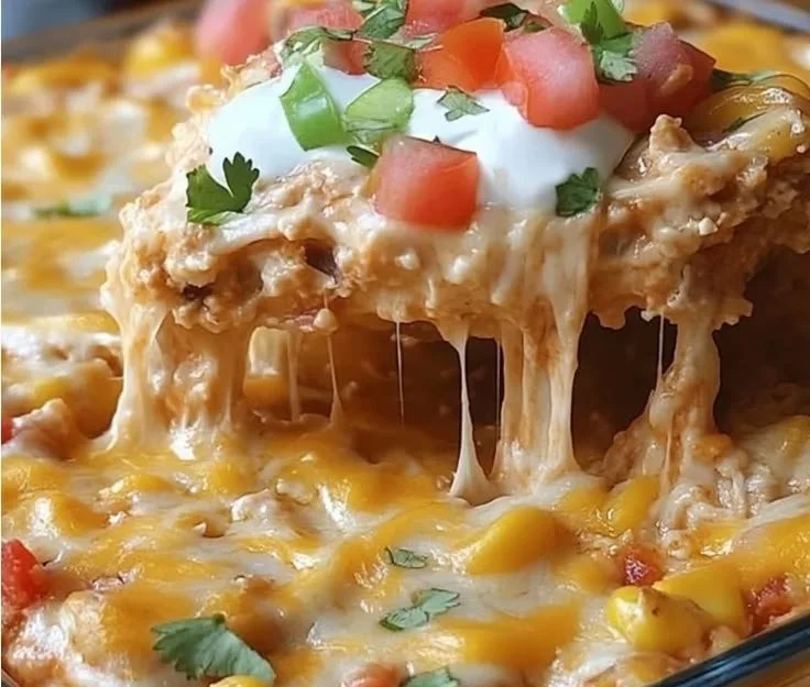 Mexican-style white trash casserole topped with cheese and garnished with jalapeños