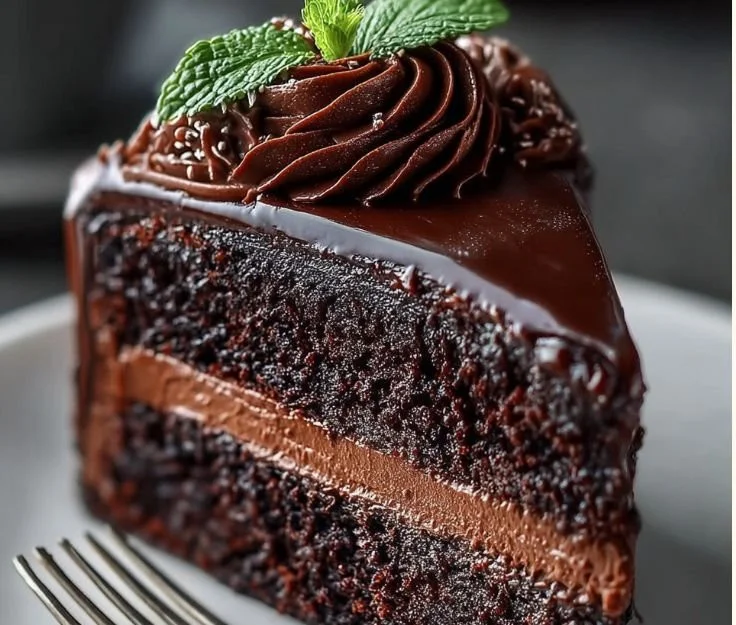 Slice of Midnight Fudge Cake topped with chocolate ganache and sprinkles