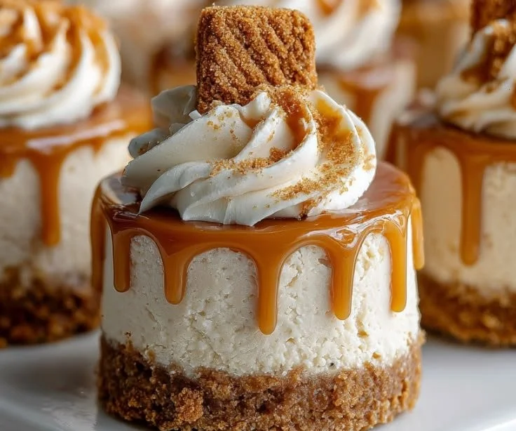 Mini Biscoff cheesecakes topped with cookie crumbles and caramel sauce