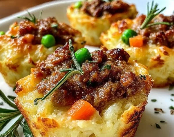 Mini Shepherd's Pie Bites served on a platter, showcasing a savory topping.