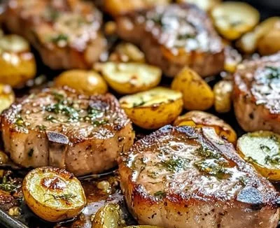 Sheet pan pork chops with potatoes, ready for a quick dinner recipe.