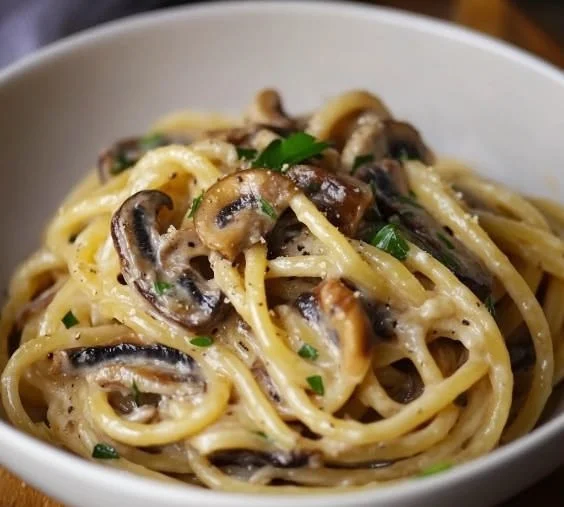 Delicious Miso Mushroom Bucatini served in a bowl with herbs