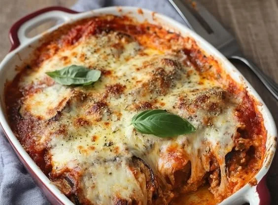 Delicious modern eggplant parmesan served in a stylish dish