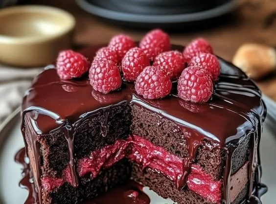 Moist chocolate raspberry cake topped with fresh raspberries and chocolate drizzle.