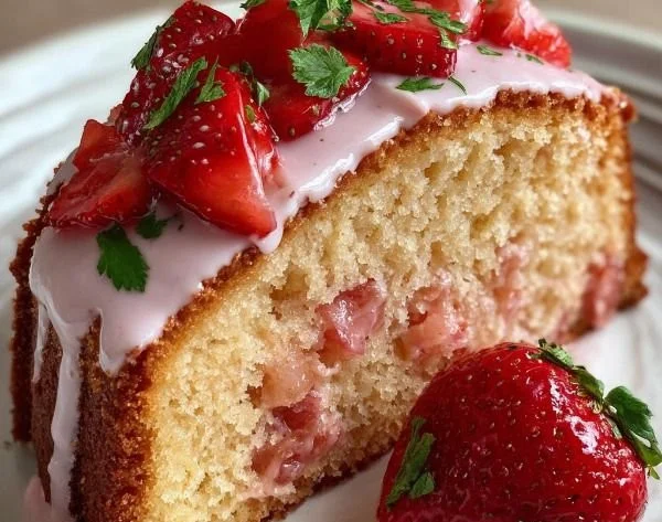 Moist pound cake with strawberry milkshake flavor presented on a plate