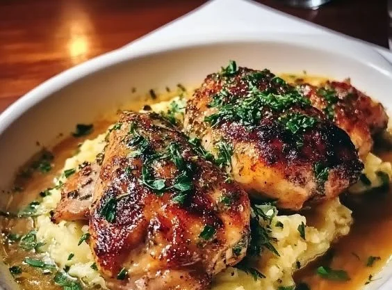 Cooked Morton's chicken breast plated with herbs and spices