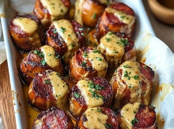 Delicious mustard-glazed kielbasa hasselback bites ready to serve.