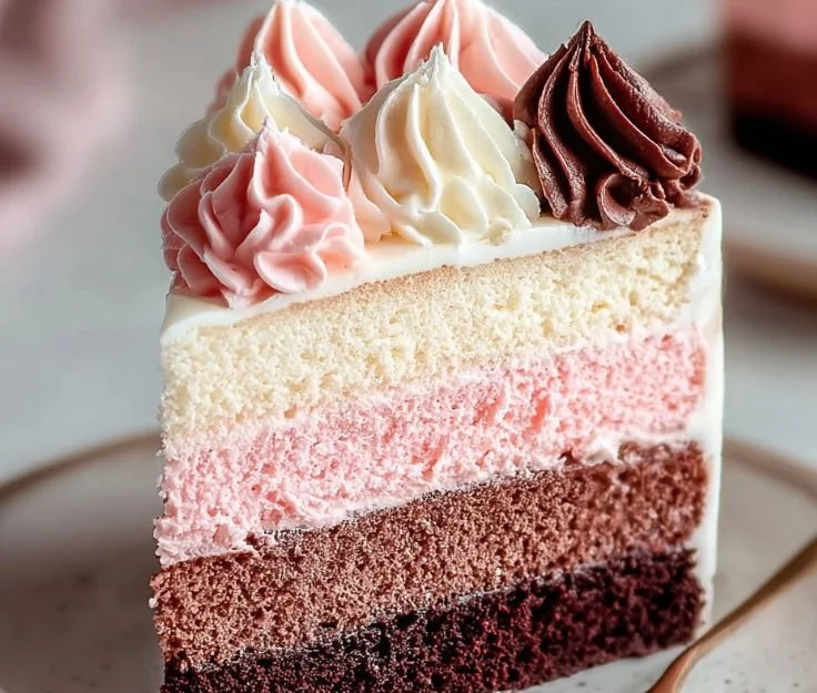 Delicious Neapolitan Cake with chocolate, vanilla, and strawberry layers