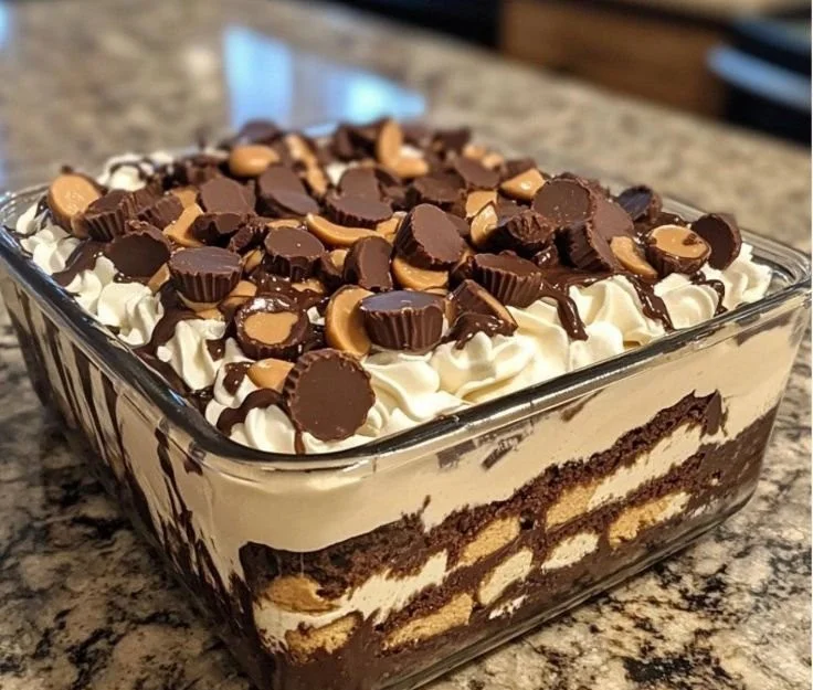 No-bake peanut butter chocolate dessert garnished with chocolate shavings