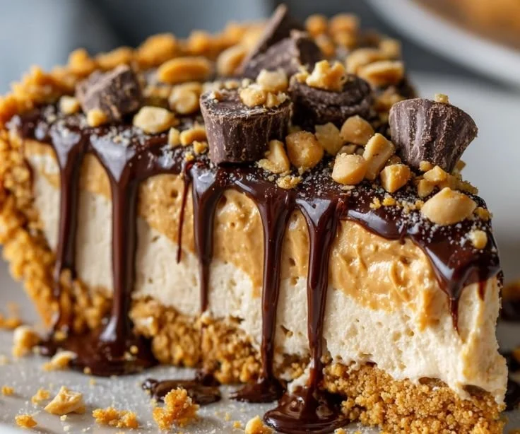 No-bake peanut butter pie topped with chocolate drizzle and whipped cream