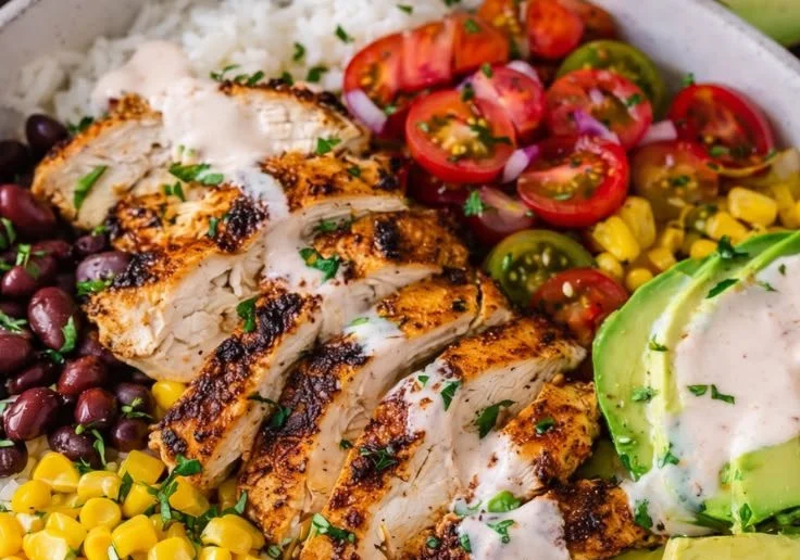 Delicious one-pan chicken burrito bowl recipe with fresh ingredients.