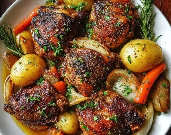 One-pot chicken thigh pot roast cooking in a rustic kitchen setting.