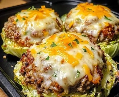 Oven-baked cabbage burgers topped with fresh ingredients on a plate.
