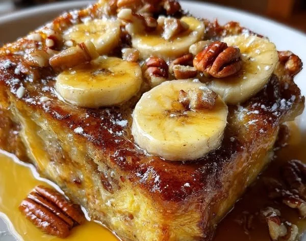 Delicious Overnight Banana French Toast Casserole ready to serve