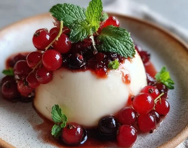 Delicious Panna Cotta dessert served with fresh berries and mint leaves.