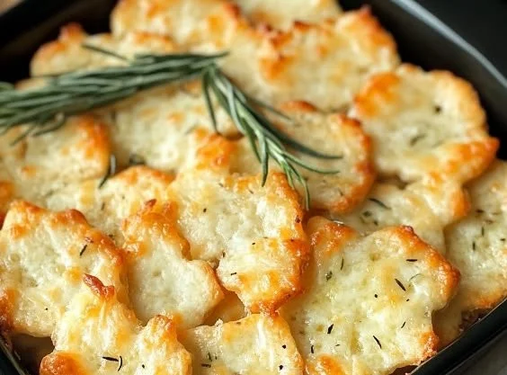 Homemade Parmesan and rosemary crackers on a wooden platter.